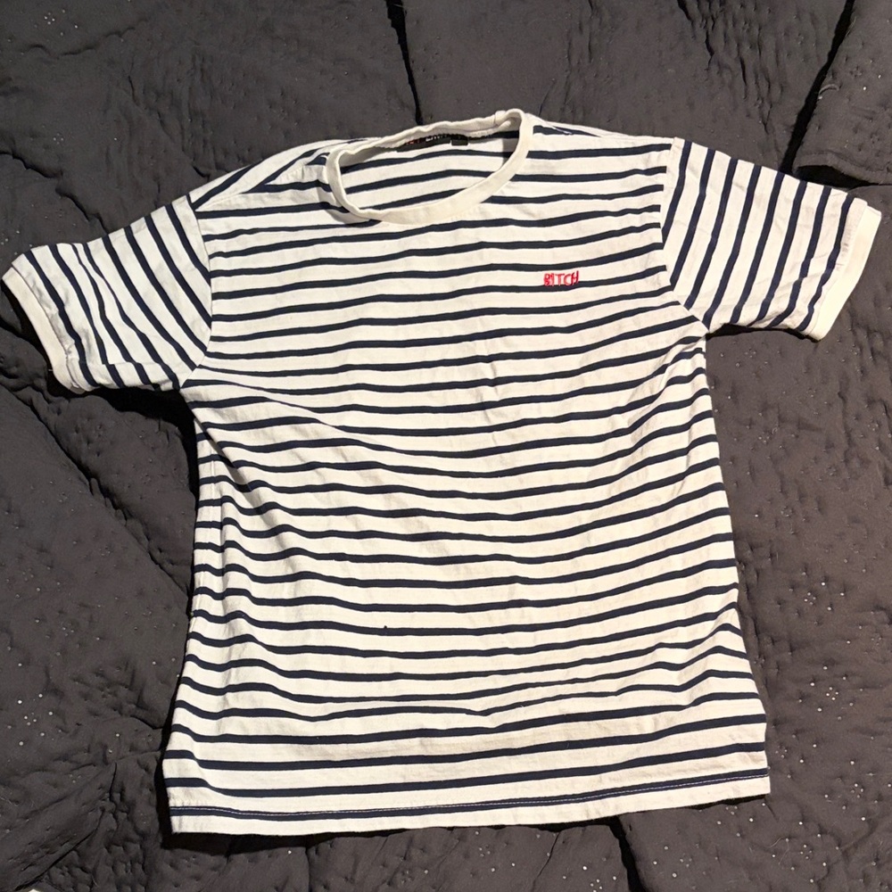 Striped “B*tch” White & Navy Crewneck Tee